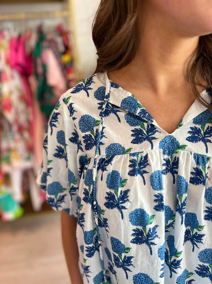 Blue Block Print Tassel Top