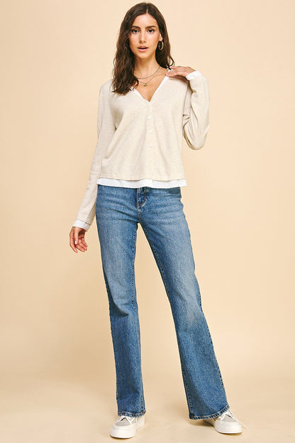 Shirley V-neck Layered Sweater in Oatmeal