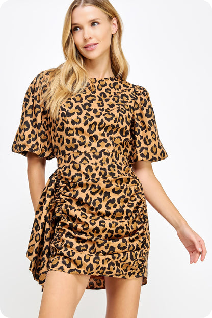 Lola Ruched Mini Dress in Leopard