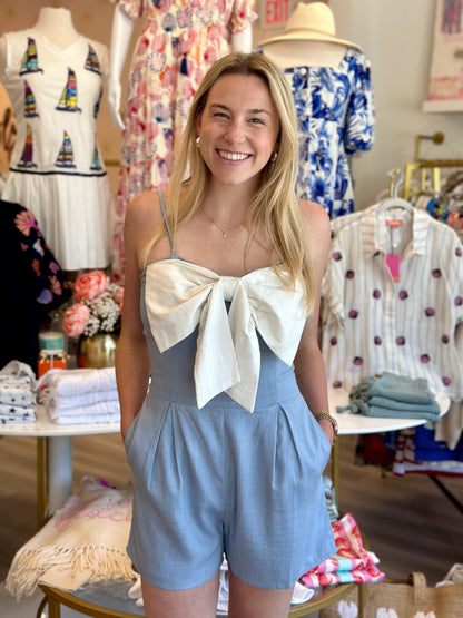 FINAL SALE- Bow Linen Romper in Light Blue