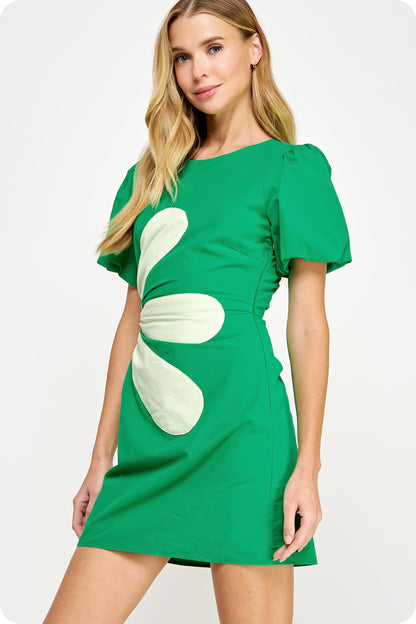 Emmy Flower Detail Mini Dress in Emerald