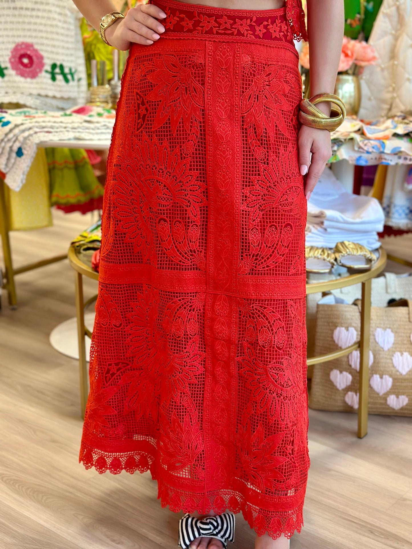 Red Toucan Guipure Midi Skirt