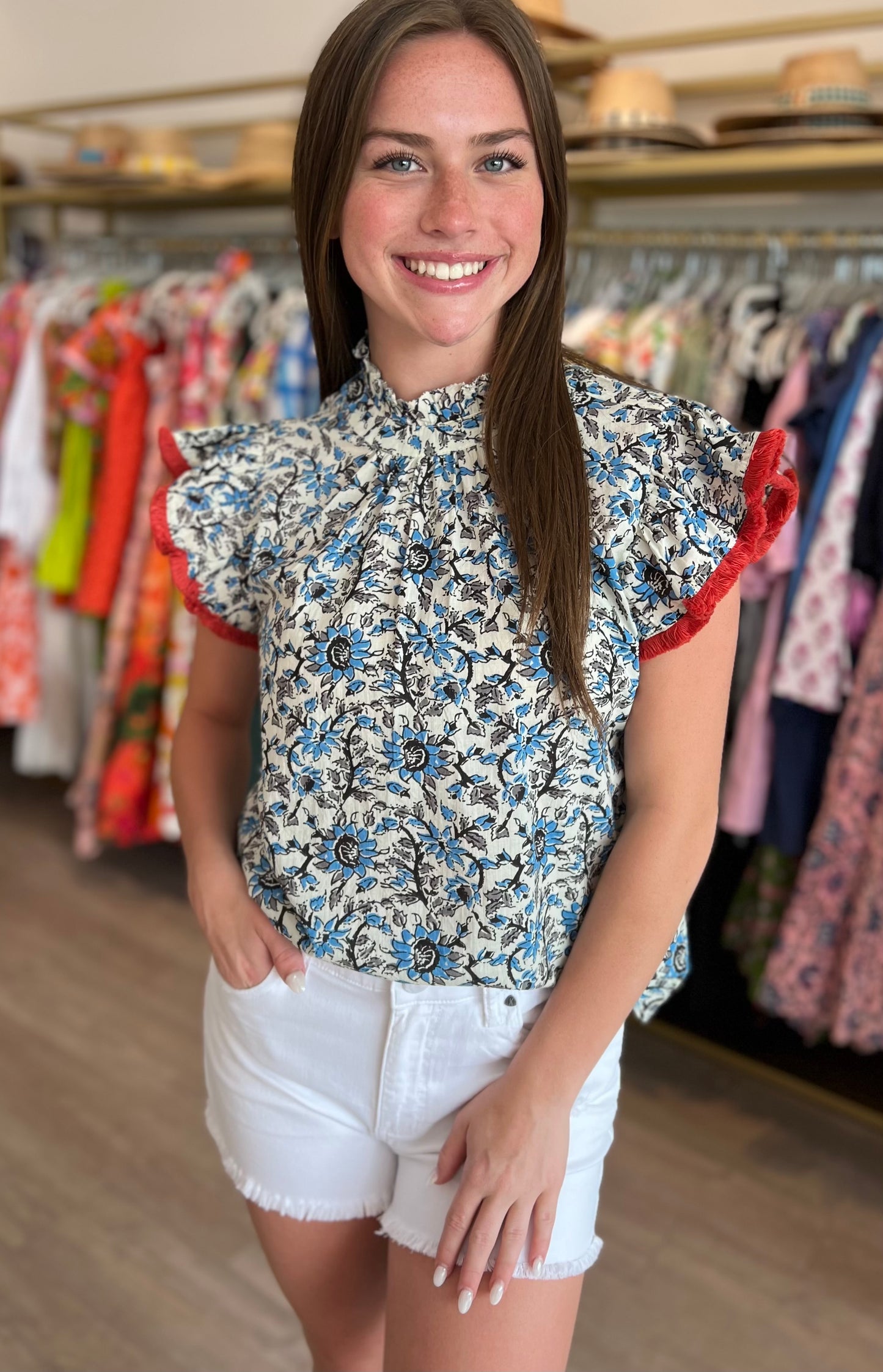 Blue Floral Ruffle Sleeve Top