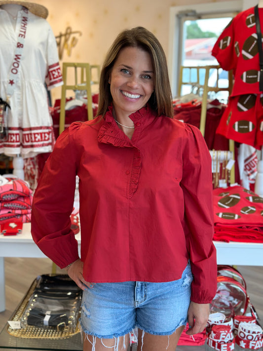 Ruffle Button Top in Red Alert