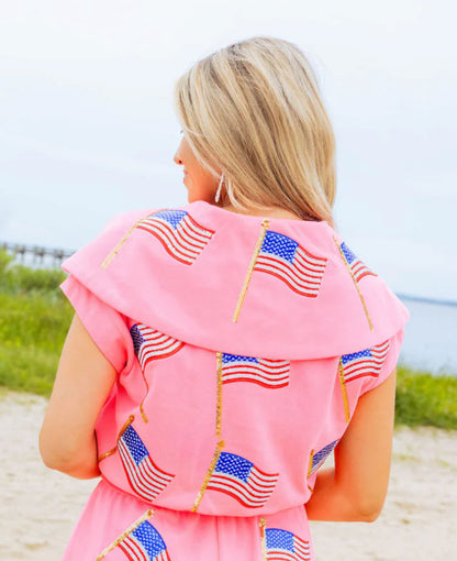 FINAL SALE- Hot Pink Metallic American Flag Collar Top