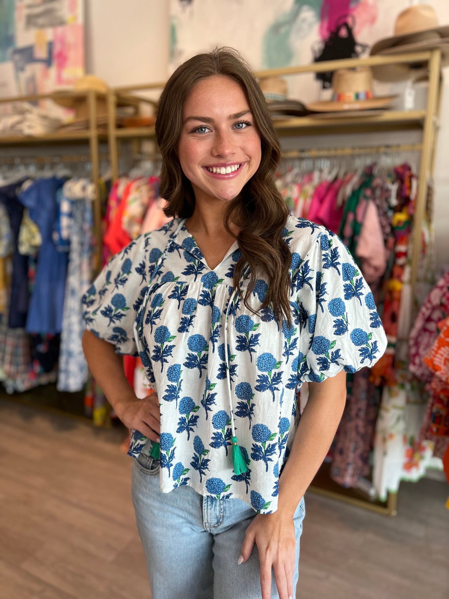 Blue Block Print Tassel Top