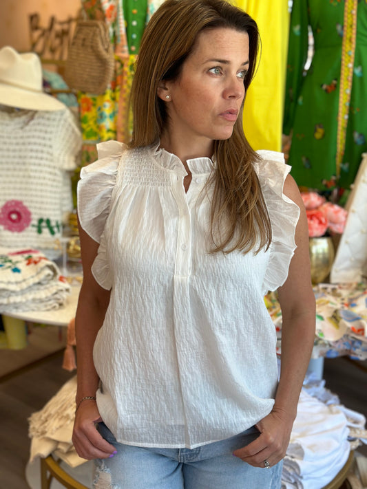 FINAL SALE Smocked Shoulder Shell in White