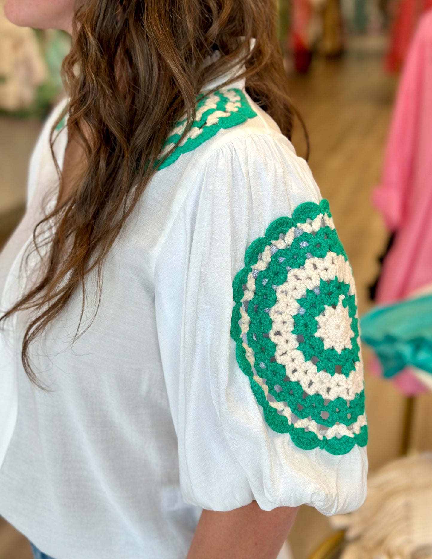 FINAL SALE- Puff Sleeve Crochet Top in White