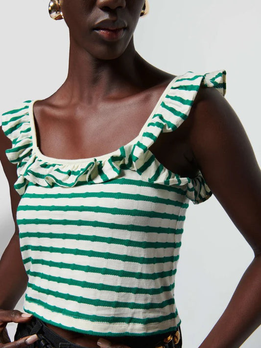 Rosa Stripe Ruffle Top in Green Stripe