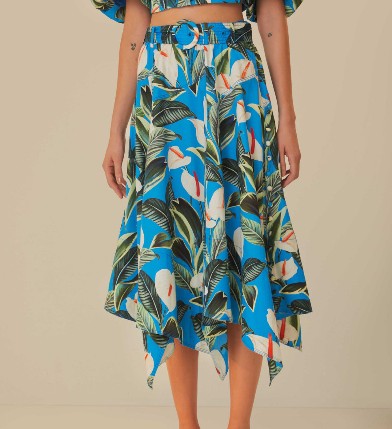 FINAL SALE Anthurium Garden Blue Asymmetric Midi Skirt