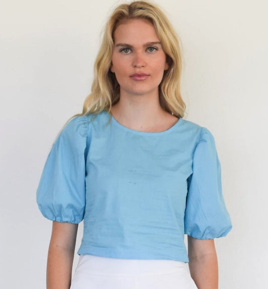 FINAL SALE Puff Sleeve Top in Air Blue Poplin