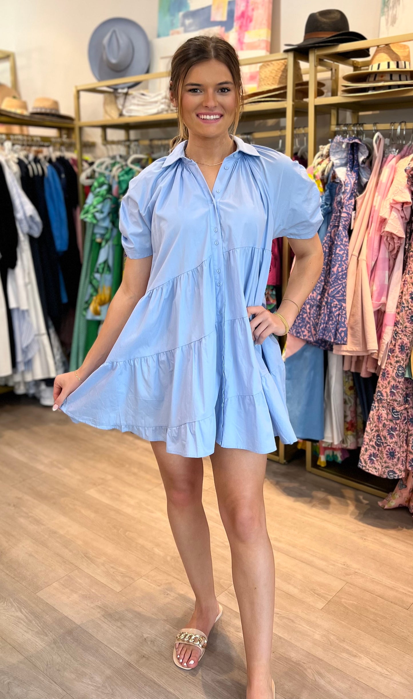 Ruffle Swing Shirt Dress in Blue