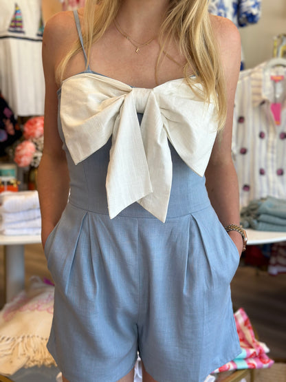 FINAL SALE- Bow Linen Romper in Light Blue