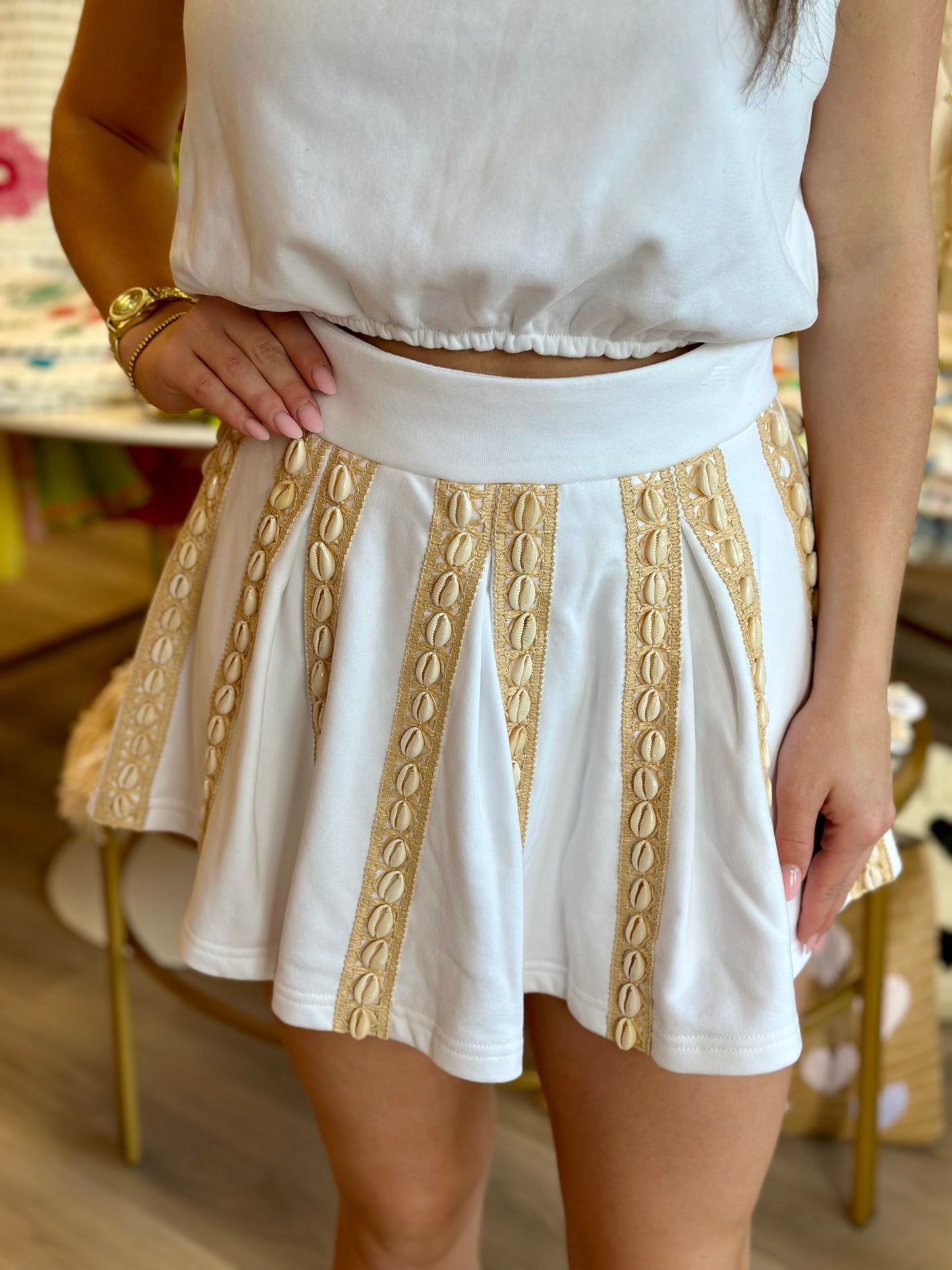 FINAL SALE- White Puka Shell Pleat Skort