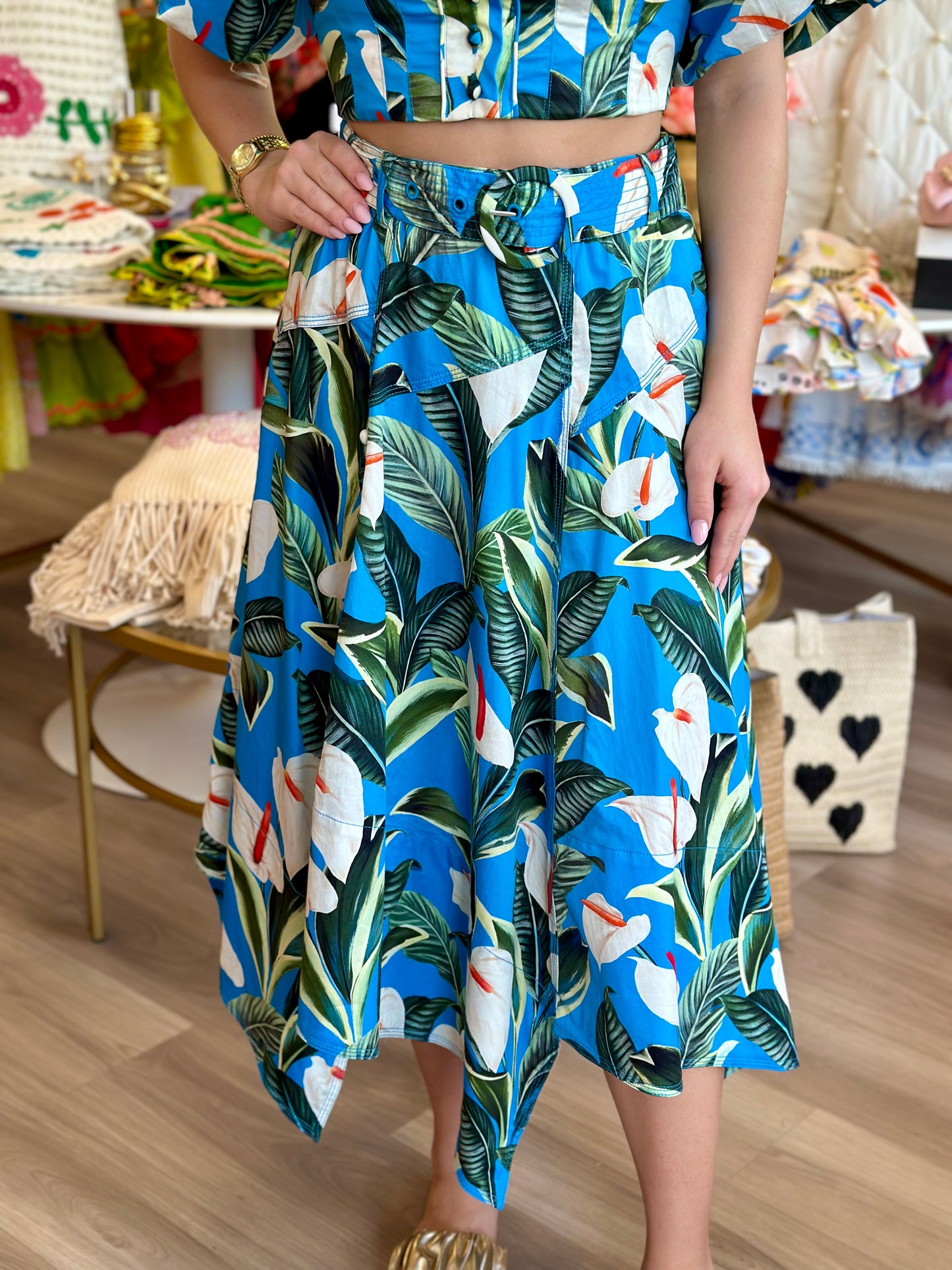 FINAL SALE Anthurium Garden Blue Asymmetric Midi Skirt