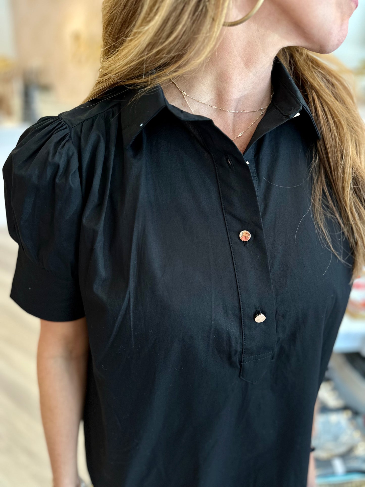 Everything Short Sleeve Dress in Black Poplin