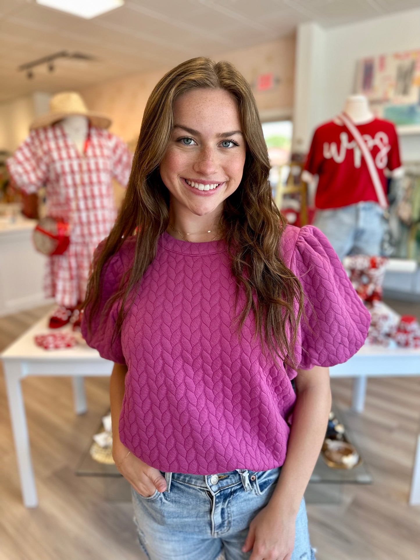 Puff Sleeve Textured Top in Magenta