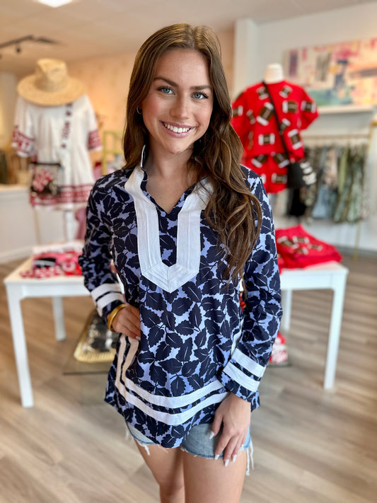 FINAL SALE Long Sleeve Tunic in Navy/Hydrangea