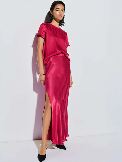 Maribel Bias Skirt with Slit in Raspberry