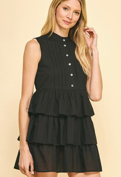 Button Front Sleeveless Dress in Black