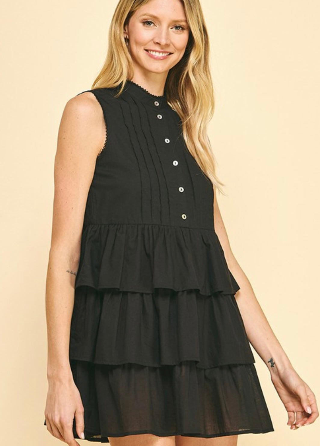 Button Front Sleeveless Dress in Black