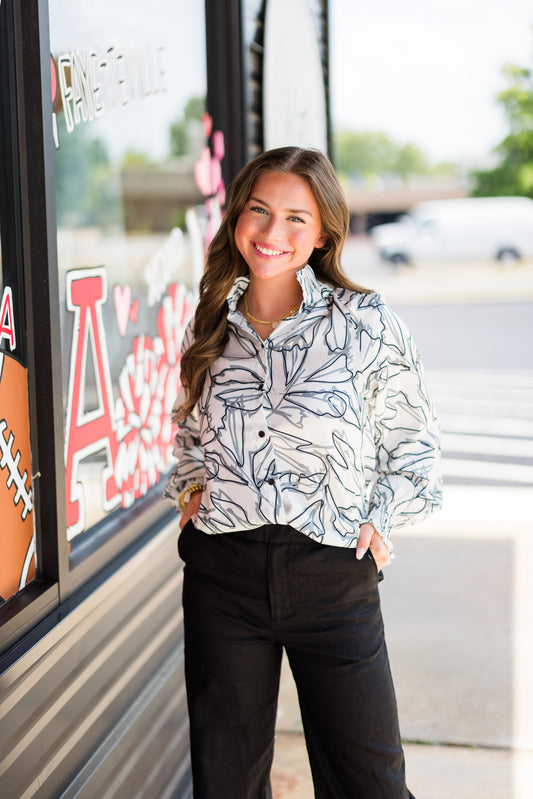 Gathers Neck Blouse in Black Leaves