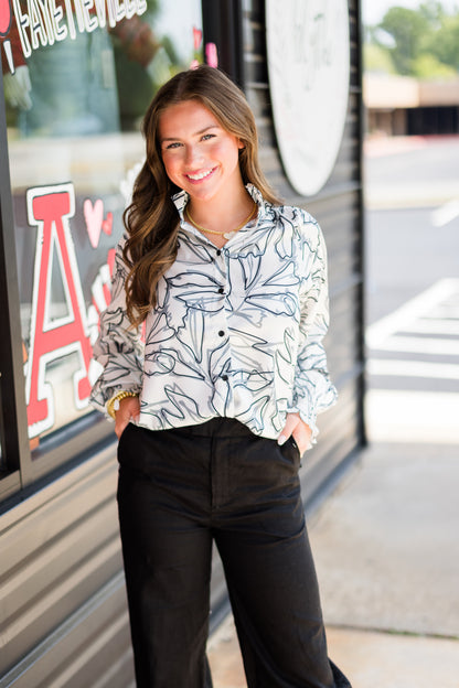 Gathers Neck Blouse in Black Leaves