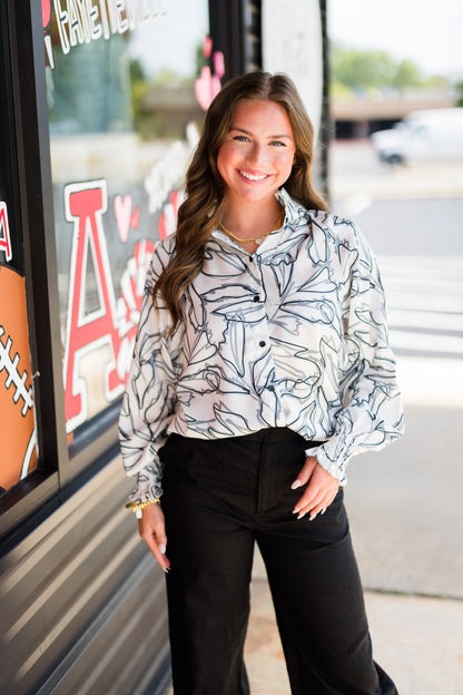 Gathers Neck Blouse in Black Leaves