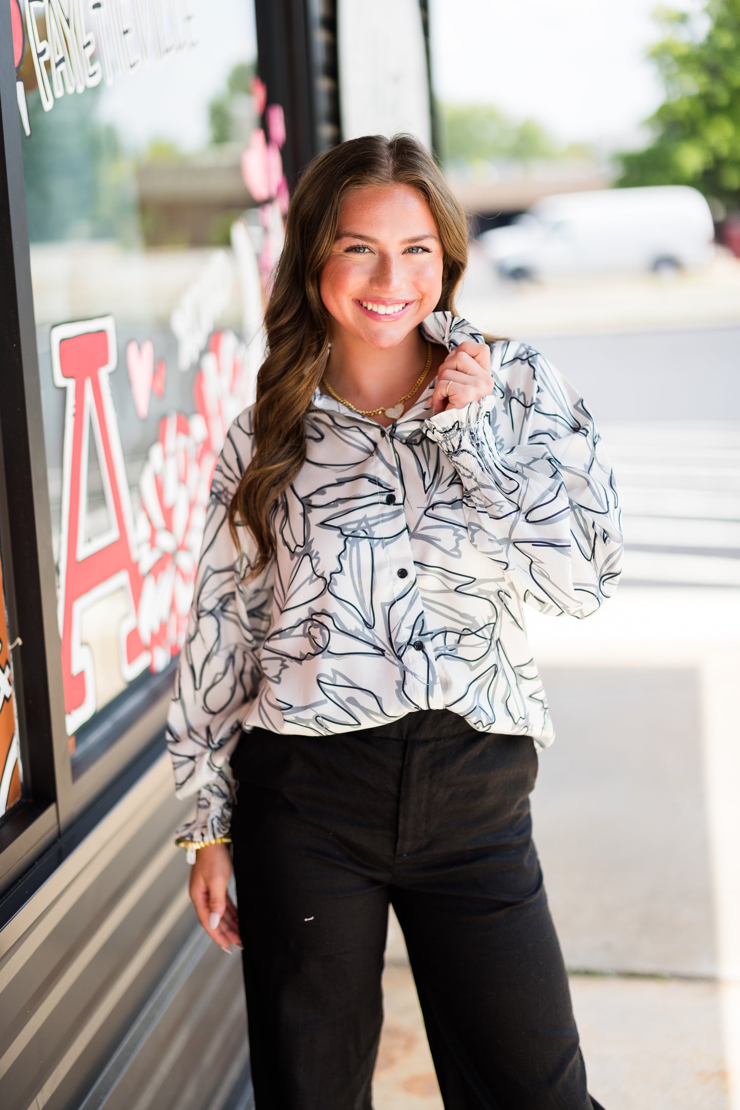 Gathers Neck Blouse in Black Leaves