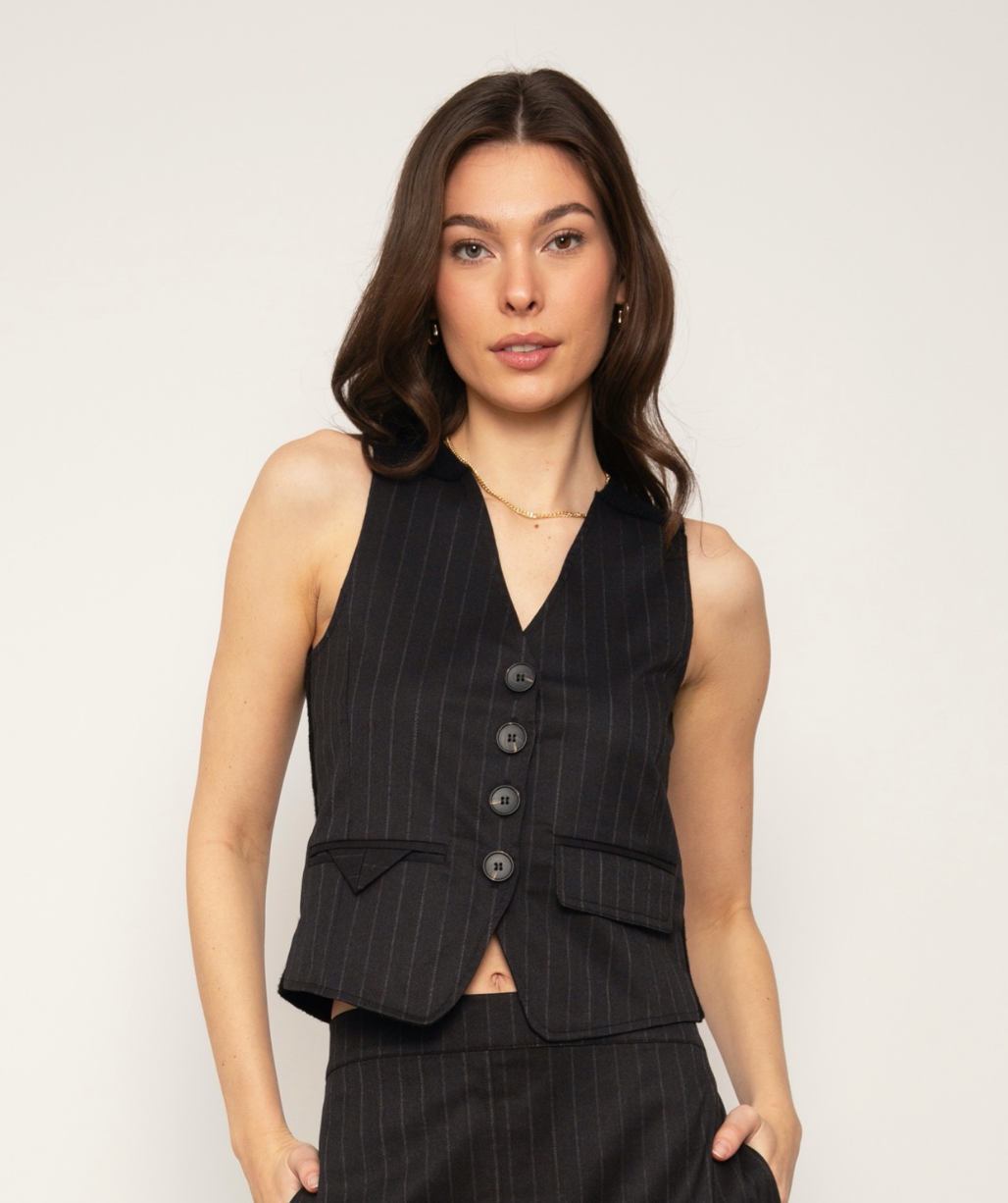 Archie Pinstripe Vest in Black