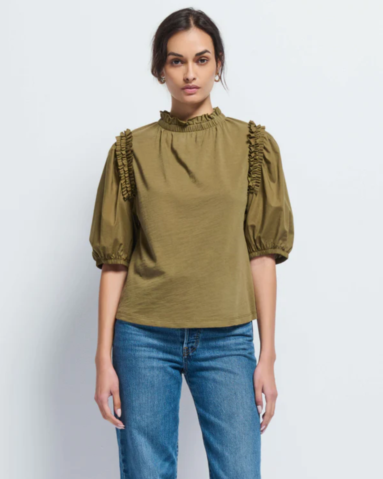 Roya Ruched Neck Top in Capers