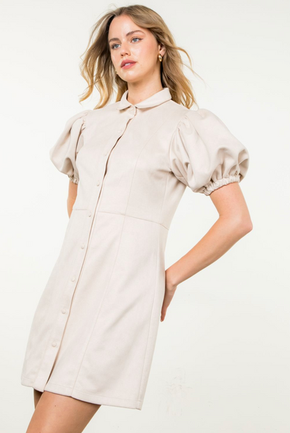 Suede Button Up Dress in Cream