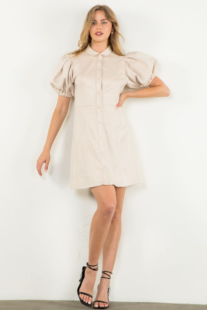 Suede Button Up Dress in Cream