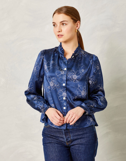 Dolly Silk Floral Navy Blouse