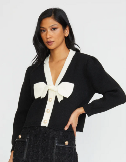 Contrast Color Bow Cardigan in Black