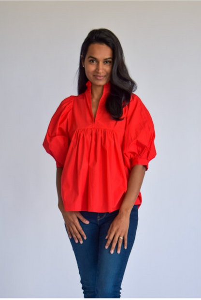 High Neck Ruffle Top in Red