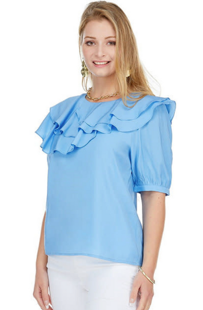 FINAL SALE Flutter Neck Top in Blue