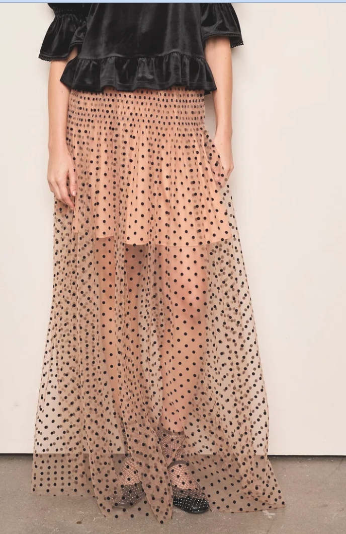 Mia Black Dot Skirt in Nude