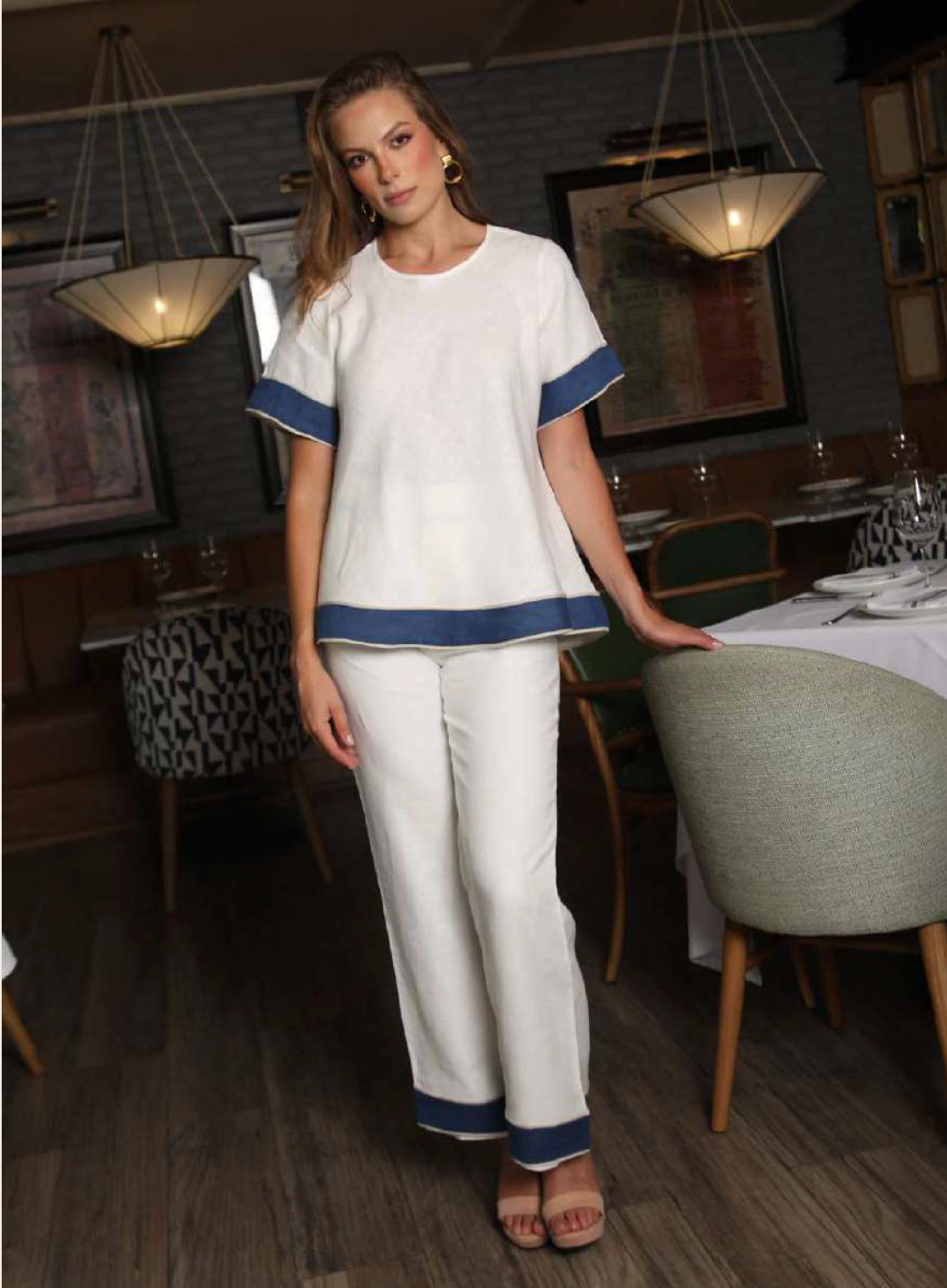 Lina Mid Rise Linen Pant in Azul