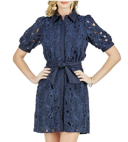 Placket Lace Shirt Dress in Navy