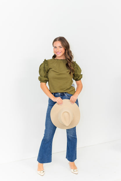 Roya Ruched Neck Top in Capers