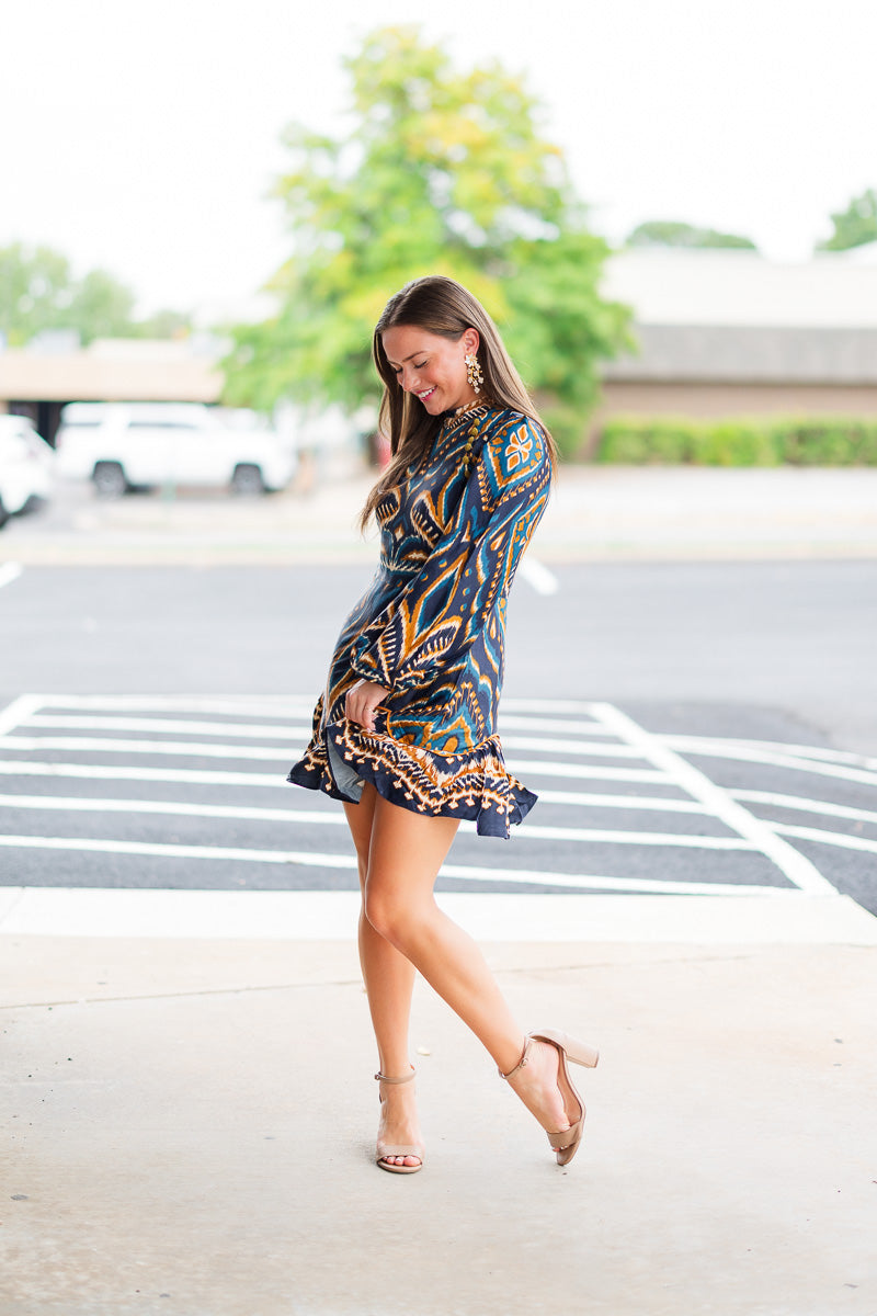 Pineapple Ikat Blue Raglan Mini Dress