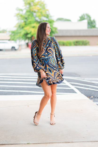 Pineapple Ikat Blue Raglan Mini Dress