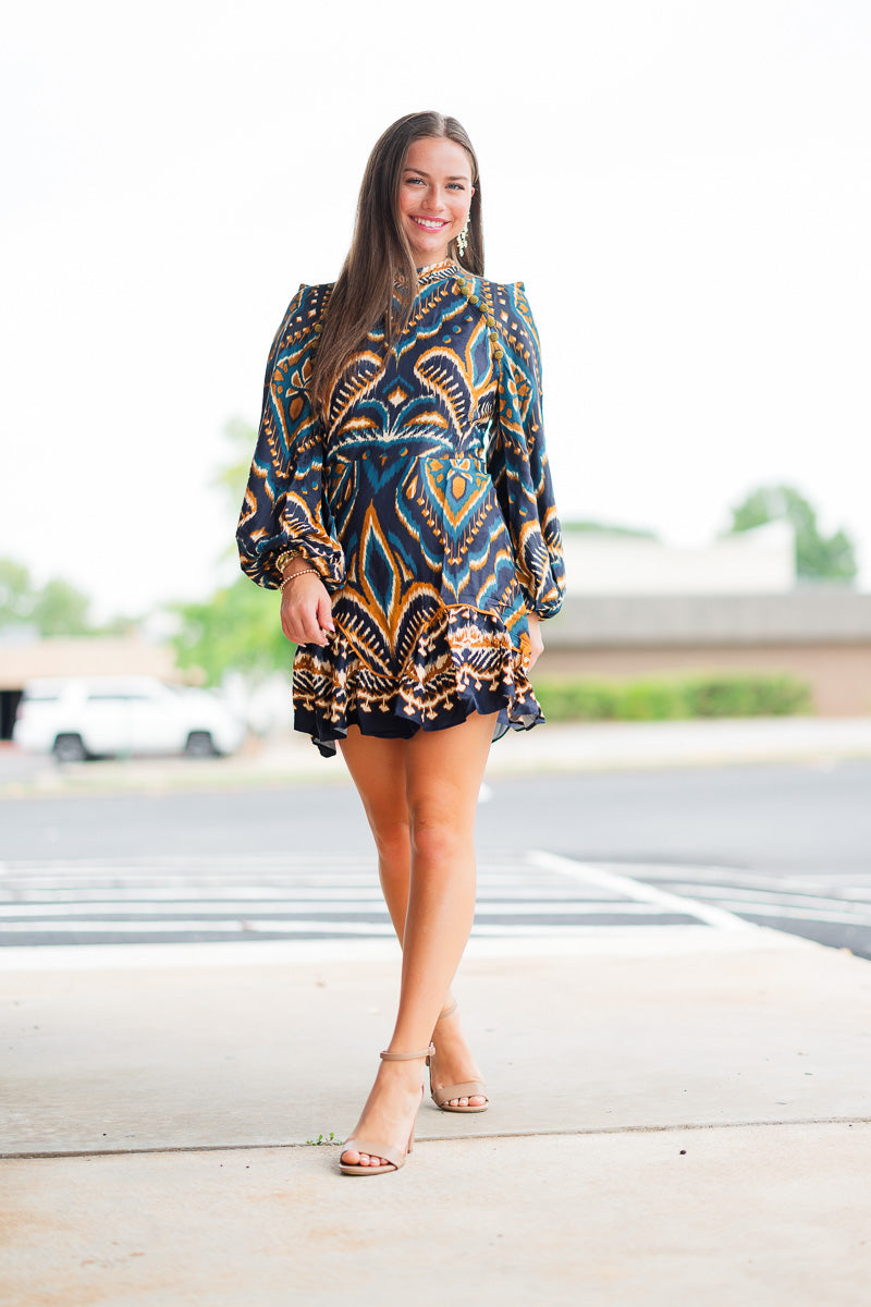 Pineapple Ikat Blue Raglan Mini Dress