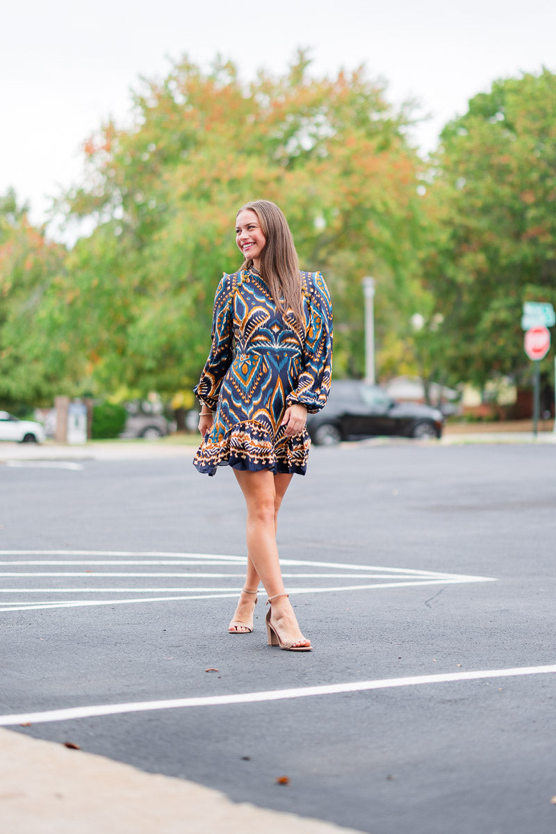 Pineapple Ikat Blue Raglan Mini Dress