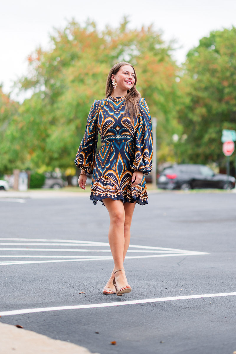 Pineapple Ikat Blue Raglan Mini Dress