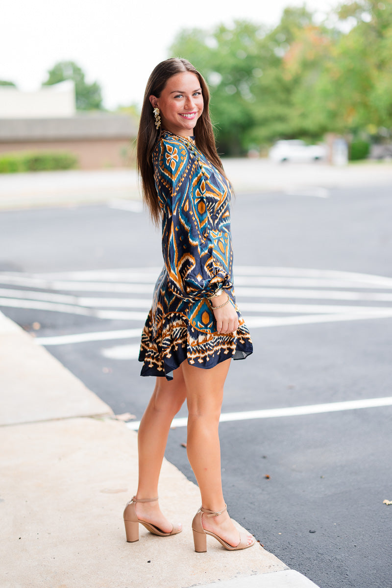 Pineapple Ikat Blue Raglan Mini Dress