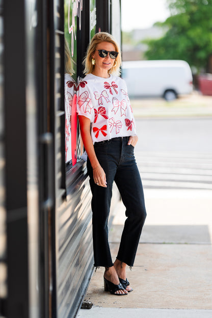 White and Crimson Bow Top