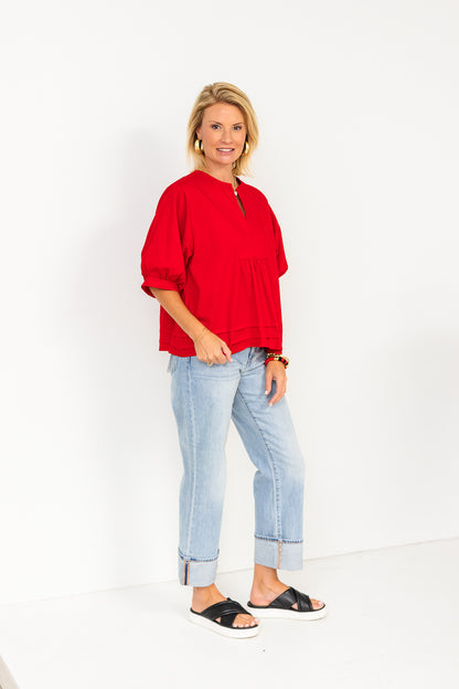 High Neck Ruffle Top in Red