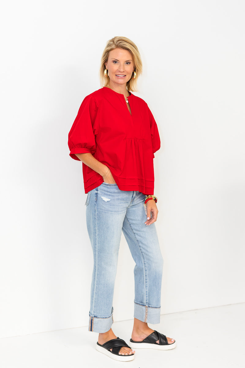 High Neck Ruffle Top in Red